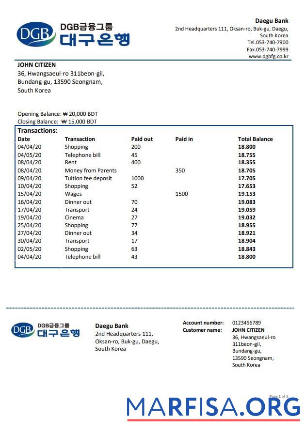 Realistic South Korea Daegu bank proof of address statement word sample